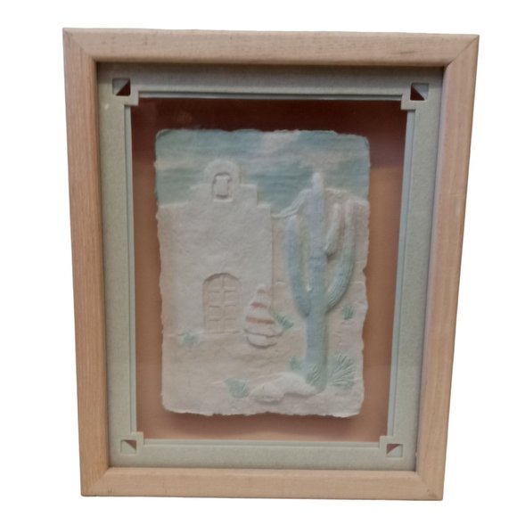 Vintage Southwest Cactus Wall Art Paper Mache Cast Framed Sculpture 1980s Pastel - Picture 1 of 14